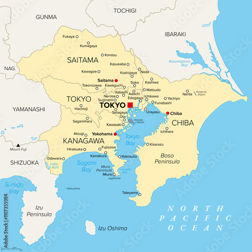 Tokyo Major Metropolitan Area, political map of the Capital Region of Japan, located on the island Honshu. The map shows Itto Sanken, consisting of the prefectures Tokyo, Chiba, Saitama and Kanagawa.