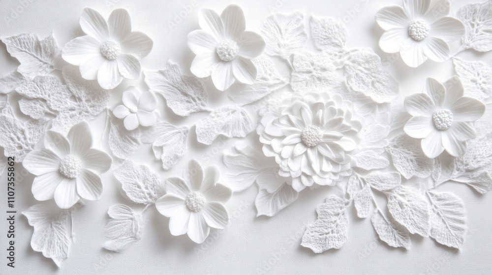 Fototapeta premium Elegant white floral design, intricate lace and sculpted flowers.