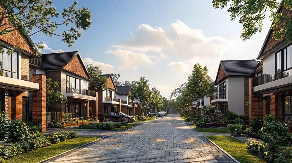 Suburban Street Modern Homes Brick Houses Luxury Real Estate Dream Homes Residential Area New Suburban Street Modern Homes Brick Houses Luxury Real Estate Dream Homes Residential Area New