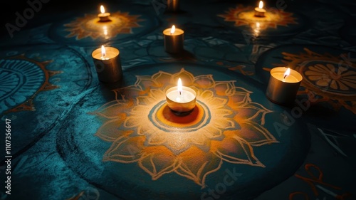 Candlelit intricate rangoli designs festive celebration home decor cultural heritage vibrant atmosphere artistry photo