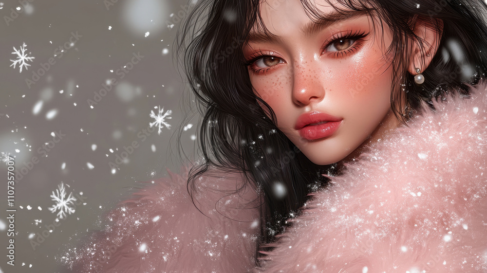 Winter portrait of a beautiful young woman japanese style digital art soft focus serene atmosphere Winter portrait of a beautiful young woman japanese style digital art soft focus serene atmosphere