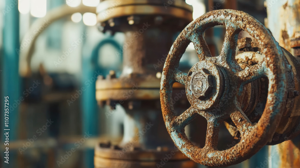 Fototapeta premium Close-up of a rusted valve, representing industrial machinery.