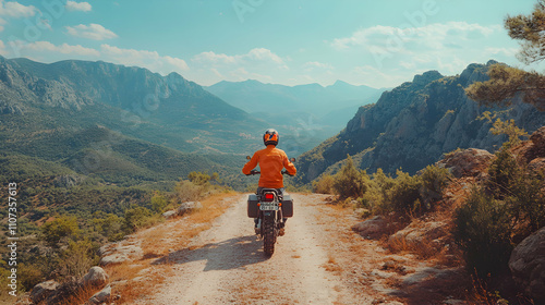 Motorcyclist on Mountain Road, Scenic View, Adventure Travel