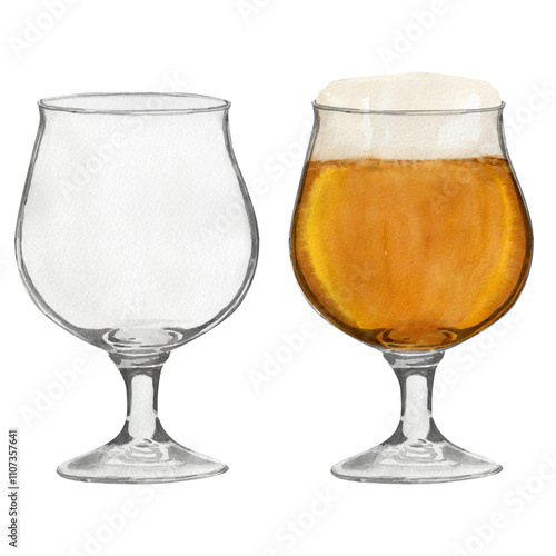 Hand-drawn glass for beer, glass with beer, beer festival, watercolor illustration. Watercolor international beer day. photo