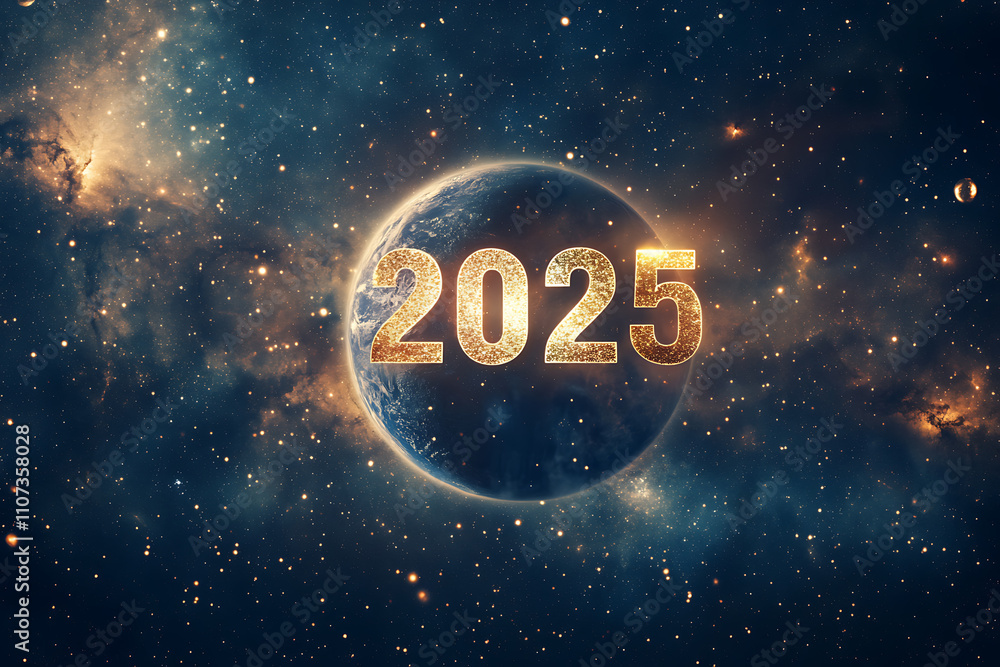 A celestial design showcasing a starry galaxy with a glowing planet, comets, and shimmering golden '2025' text at the center. Perfect for futuristic and space-themed projects A celestial design showcasing a starry galaxy with a glowing planet, comets, and shimmering golden '2025' text at the center. Perfect for futuristic and space-themed projects