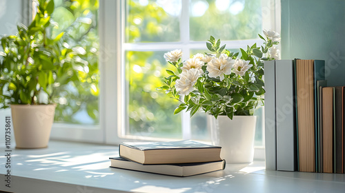 Bright white table with books and plants