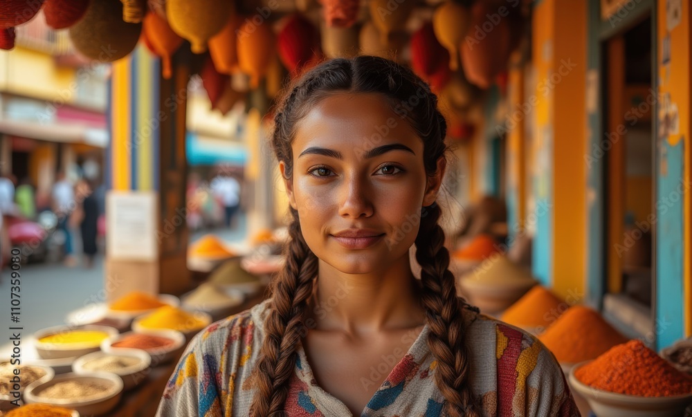 Young woman with braids in vibrant market Young woman with braids in vibrant market
