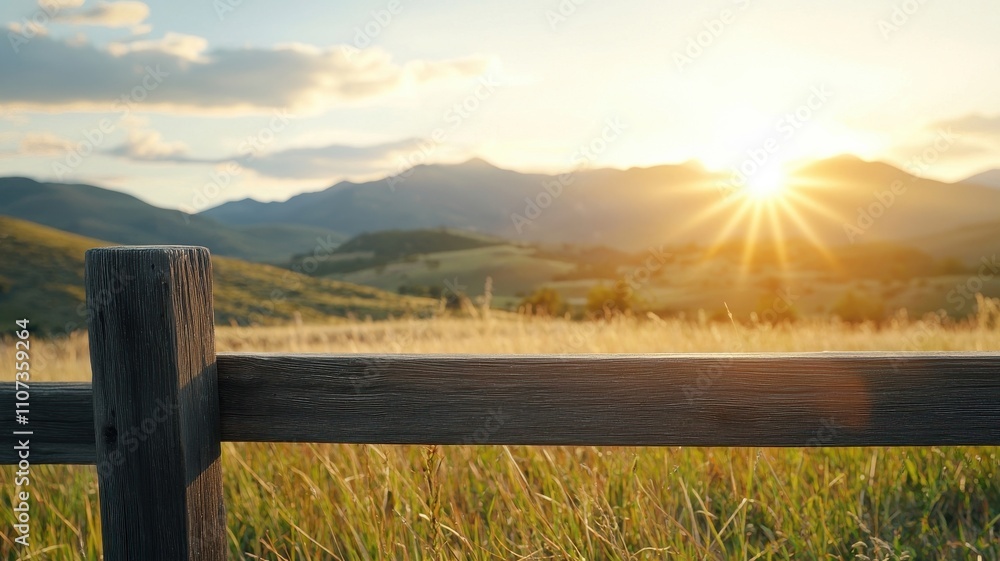 Fototapeta premium Serene Sunrise Over Mountain Landscape With Wooden Fence in Foreground