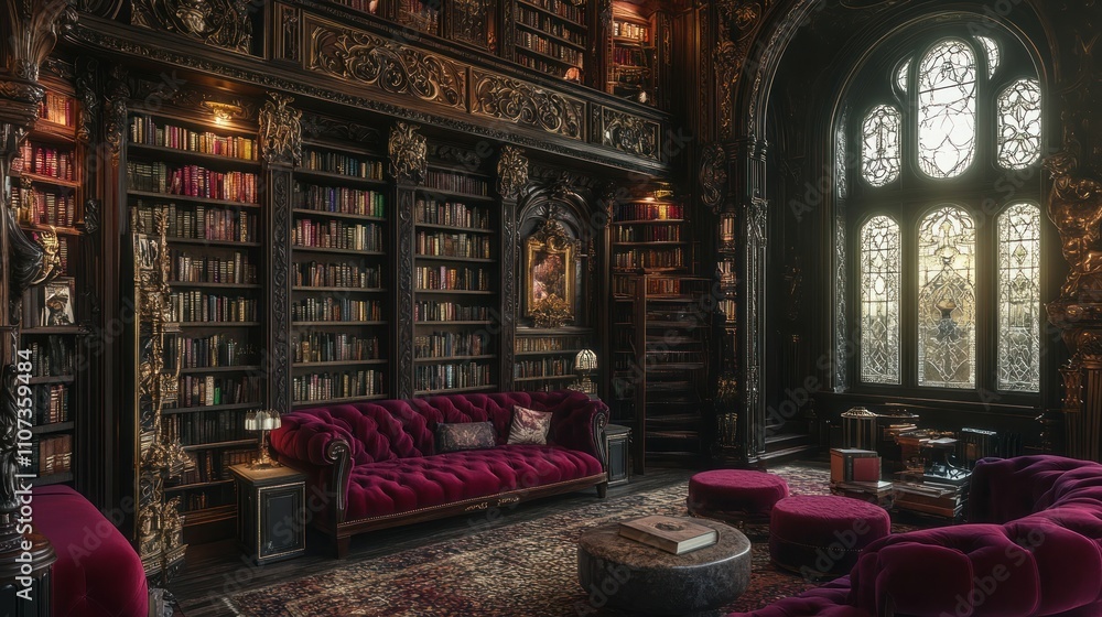 Grand library with ornate bookshelves, velvet seating, and stained-glass window. Grand library with ornate bookshelves, velvet seating, and stained-glass window.