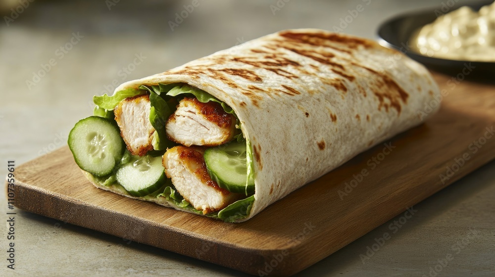A protein-packed chicken breast wrap with lettuce, cucumber, and hummus, sliced neatly on a wooden board A protein-packed chicken breast wrap with lettuce, cucumber, and hummus, sliced neatly on a wooden board