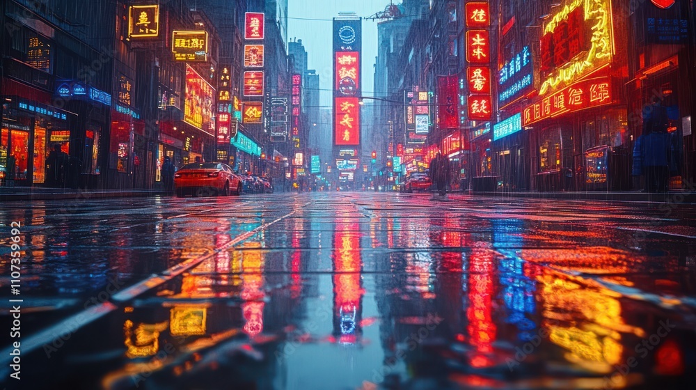 Naklejka premium Rain-slicked city street at night, vibrant neon signs reflecting in puddles.