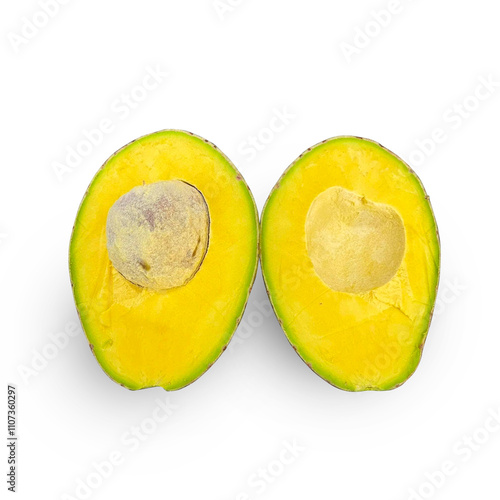 Halved Yellow Avocado with Seed on Isolated White Background photo