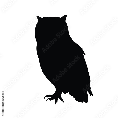 a black silhouette of an owl. The owl is facing towards the right side of the image and its body is slightly angled towards the left side