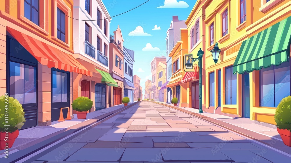 Fototapeta premium A Colorful Cartoon Illustration of a Sunny Day in a European City Street