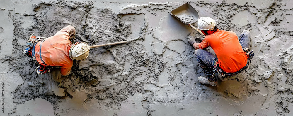 Aerial View, Two Workers Applying Cement Plaster, Creating Textured Wall Surface Aerial View, Two Workers Applying Cement Plaster, Creating Textured Wall Surface