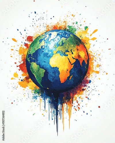 Creative Earth Day celebration with a painted world globe and colorful splashes, conveying a message of environmental action photo