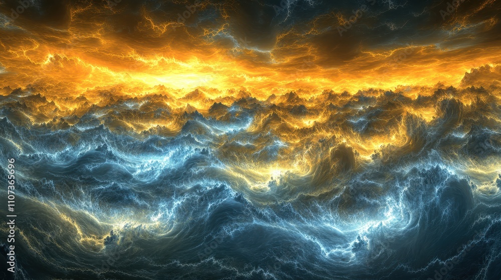 Fototapeta premium Fiery, turbulent cloudscape with mountainous terrain.