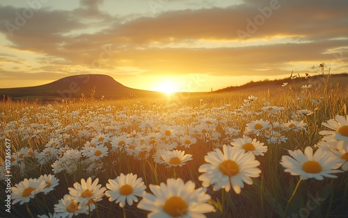 Golden sunset light enveloping a field of daisies, with the sun setting behind a distant hill, creating a tranquil scene photo