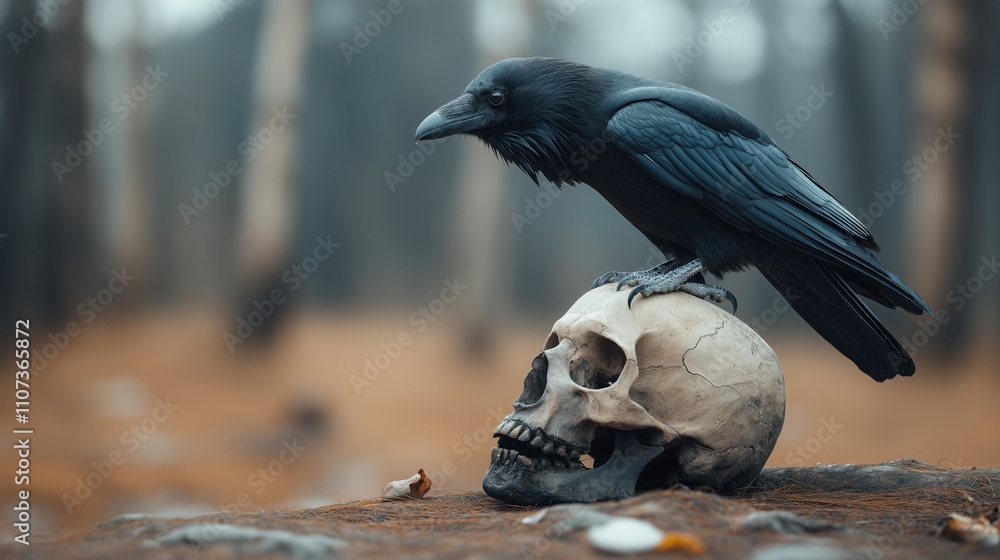 Fototapeta premium A raven perched on a human skull surrounded by a forest background with blurred trees.