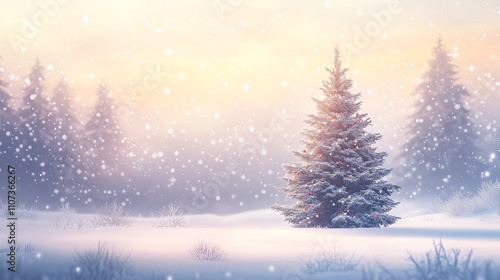 Enchanting Winter Wonderland Scene with Snow-Covered Trees and Gentle Snowfall - A Peaceful Seasonal Background photo