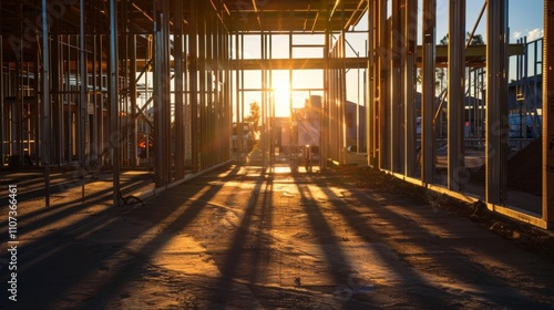 The suns last rays of the day shine through the metal frames of partially built buildings casting long shadows across the construction site.