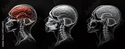 Xray anatomy of a human head showing the brain and highlighting areas affected by headache or migraine, digital art photo