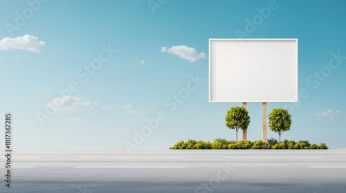 A large blank billboard stands on a serene landscape under a clear blue sky, surrounded by green trees and a smooth road. photo