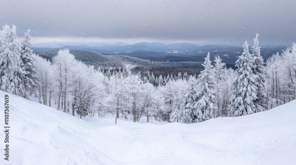A snowy mountain forest, with layers of snow-covered trees stretching into the distance. A snowy mountain forest, with layers of snow-covered trees stretching into the distance.