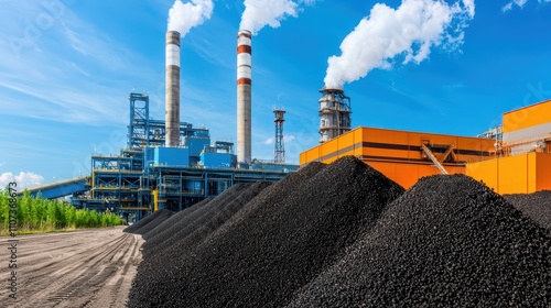 A coal power plant with tall smokestacks, emitting white smoke, beside large mounds of coal against a clear blue sky.