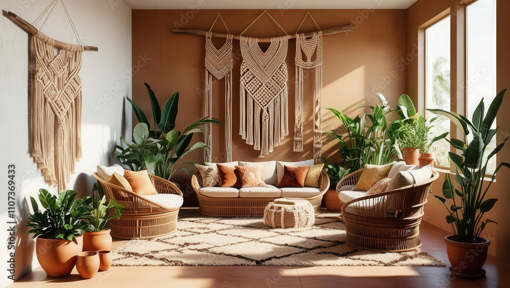Fototapeta premium A cozy, bohemian living room featuring macrame wall art, rattan furniture, earthy tones, and lush greenery for a tranquil atmosphere.
