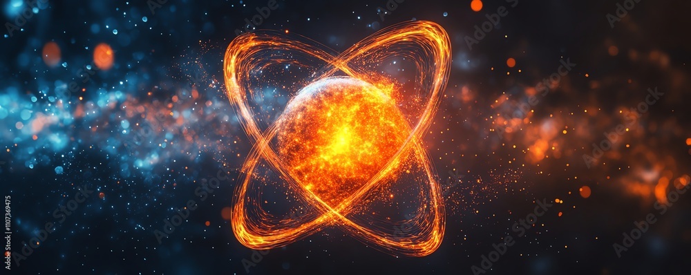 Obraz premium A vivid atom symbol with vibrant orange pathways orbiting around a central nucleus, against a dark cosmic background, symbolizing the building blocks of the universe