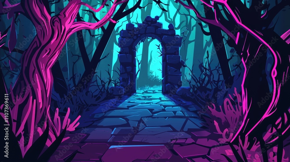 Fototapeta premium Stone Archway Leading Through a Gloomy Forest with a Glowing Path