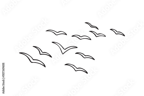Birds flying line in the sky set. Ink grunge flock of birds afar brush hand drawn. markers and crayons