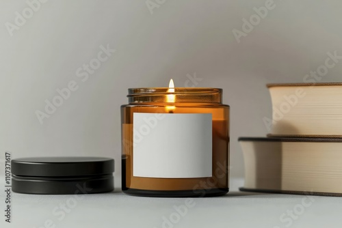 Wallpaper Mural A blank white label on the front of an amber glass candle jar with no design, sitting next to two book mockups and a black lid beside it Torontodigital.ca