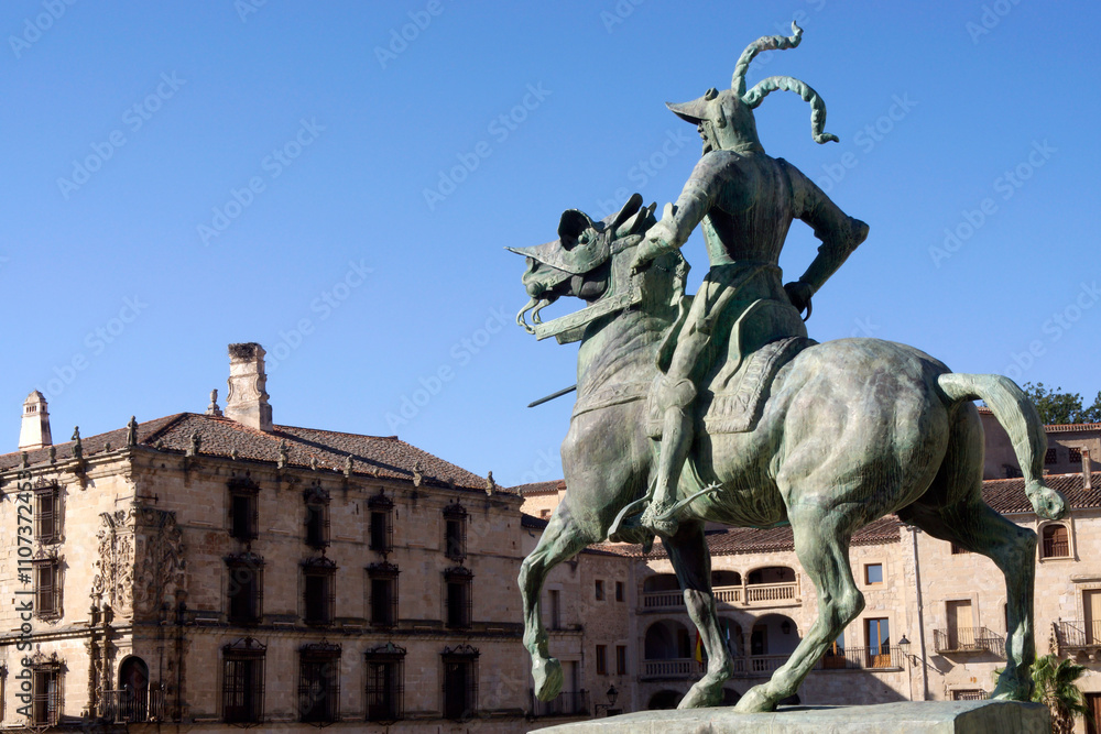 Trujillo (Cáceres) Spain. Monument of Francisco de Pizarro in the main square of the town of Trujillo Trujillo (Cáceres) Spain. Monument of Francisco de Pizarro in the main square of the town of Trujillo