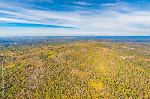 Bazhukovo, Russia. River Serga. Autumn landscape. Deer streams. Nature park in a wooded area, famous for its rich flora. Aerial view photo