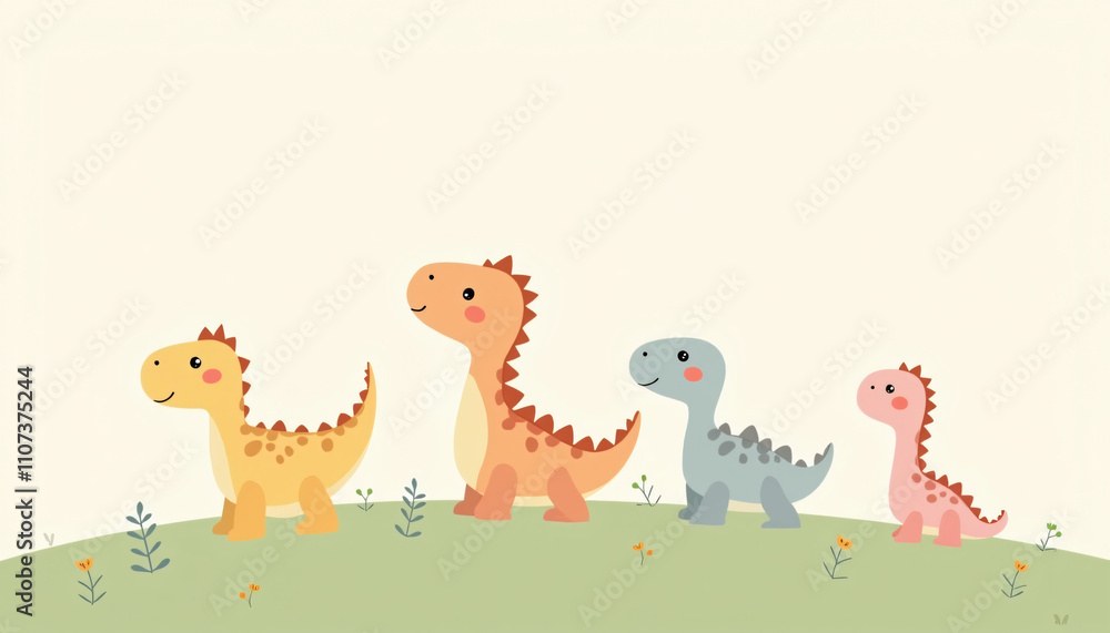 Naklejka premium Cheerful Cartoon Dinosaurs Standing Together on Green Hill with Simple Background