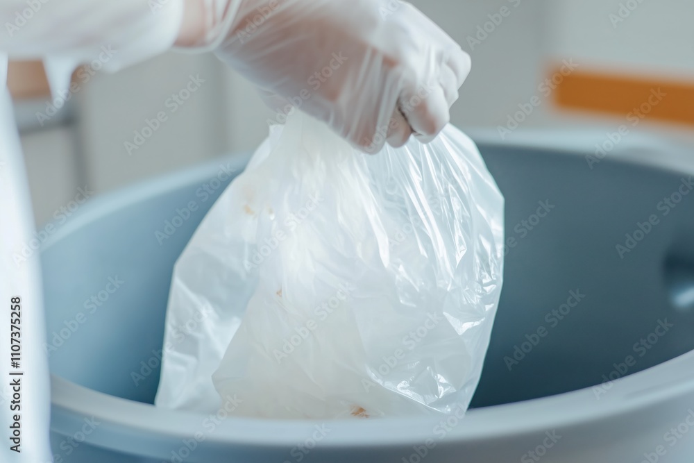 Fototapeta premium Gloved hand disposing white bag in trash bin for safe waste management