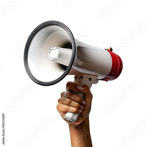 hand holding a megaphone isolated on black background