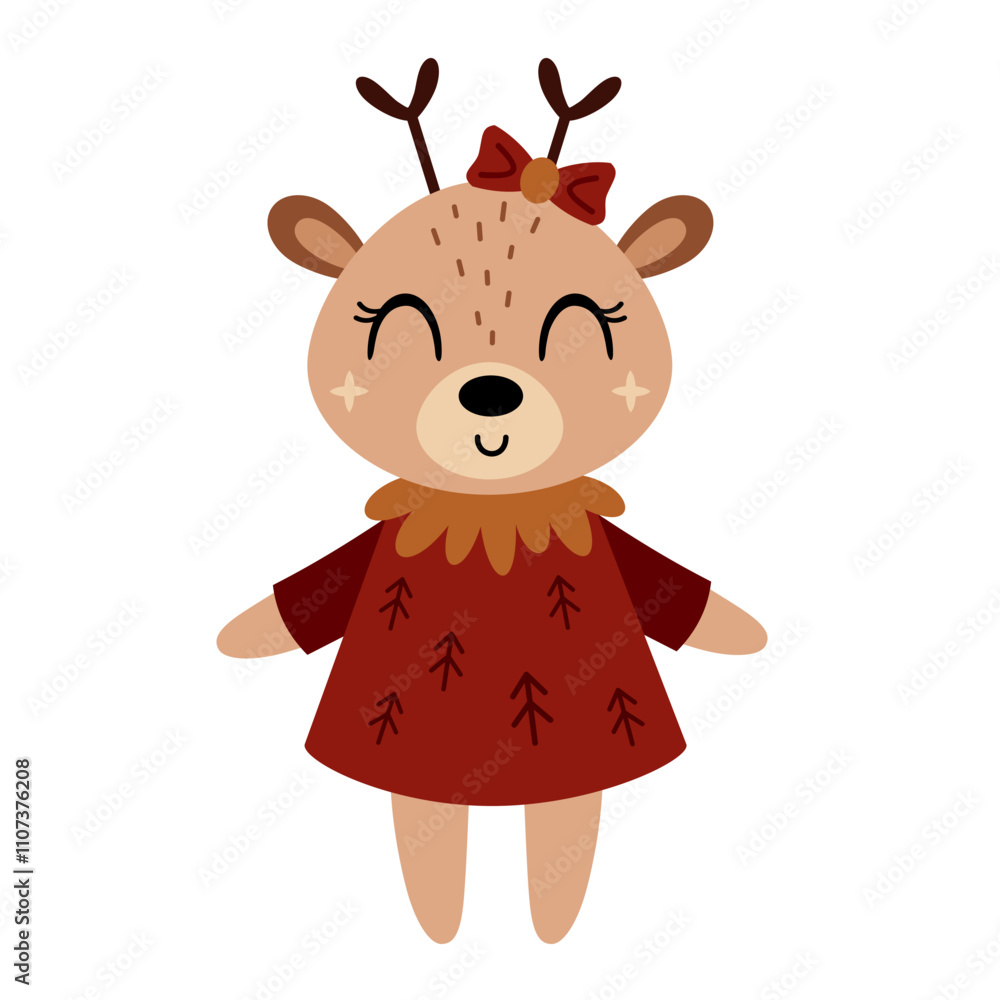 Obraz premium Christmas deer clipart. Christmas animal clip art. Cute festive character. Hand draw vector illustration in flat style