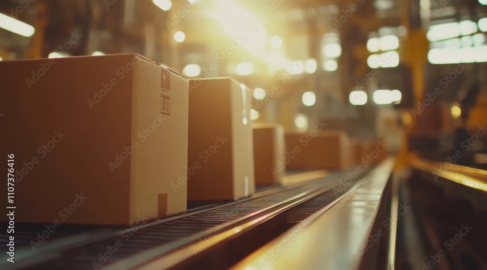 Cardboard boxes on a conveyor belt in a modern warehouse for global cross-border e-commerce delivery concept. Cardboard boxes on a conveyor belt in a modern warehouse for global cross-border e-commerce delivery concept.