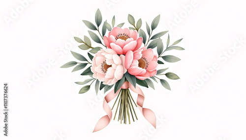 Elegant Pink and White Peony Bouquet with Silk Ribbon on Minimalist White Background photo