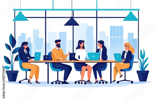 Business team, group of flat vector illustrations and working together in office workplace concept. in business improvement Co-working space internet communication photo