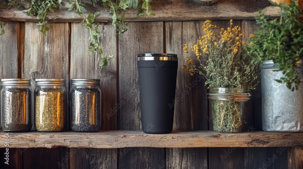Fototapeta premium Black Tumbler on Shelf.