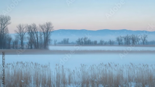 Frozen winter landscape with fog over a calm lake, snow-covered reeds and trees. photo