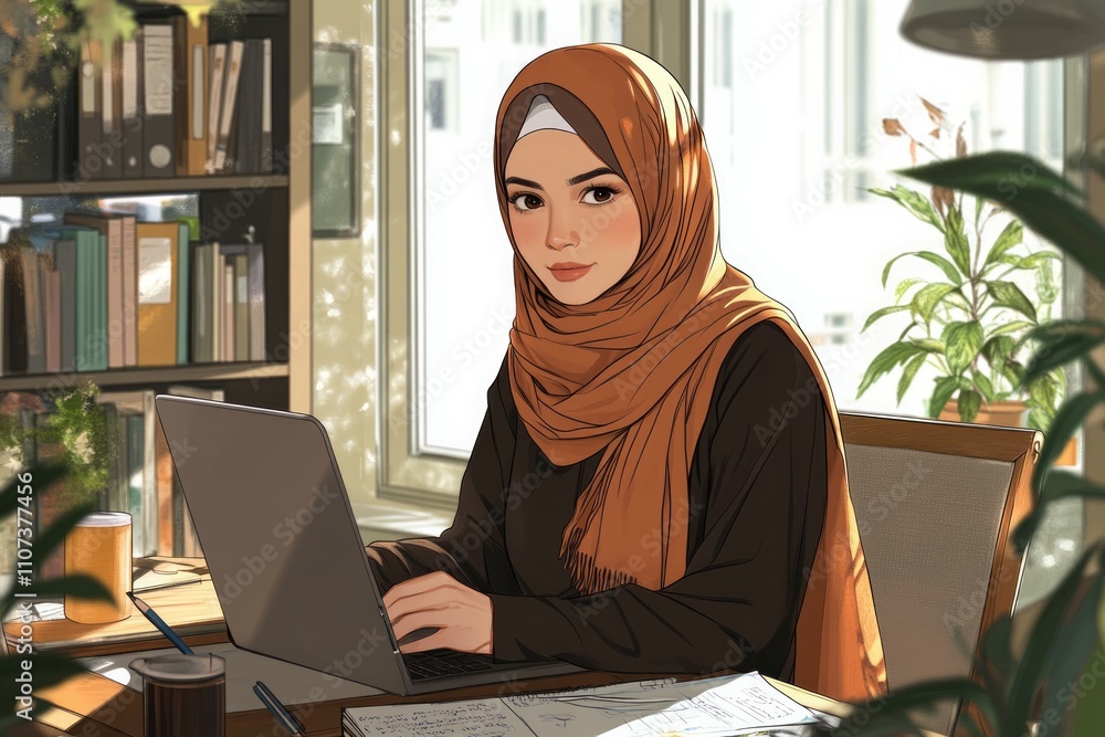 Modern dressed Muslim woman wearing hijab working remotely from home with her laptop Modern dressed Muslim woman wearing hijab working remotely from home with her laptop