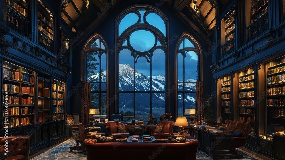 Obraz premium Grand library with mountain view, Gothic architecture, bookshelves, leather furniture.