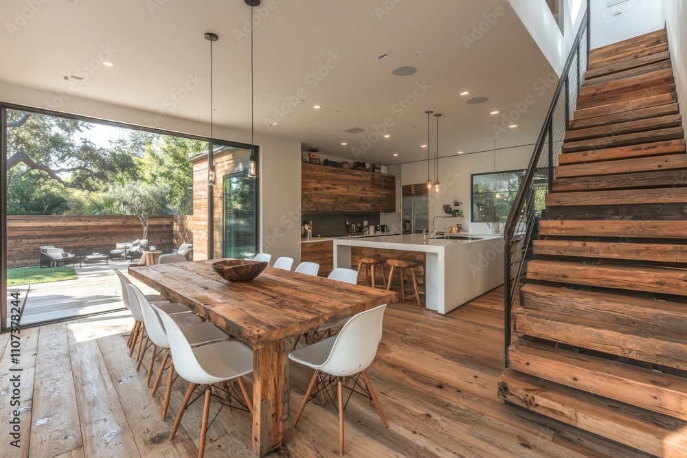 Fototapeta premium Elegant millennial gray dining experience modern home interior design cozy atmosphere open view contemporary living