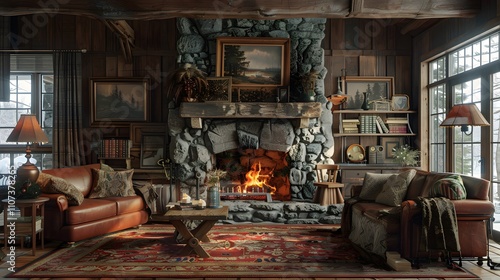 The photo showcases a rustic mountain lodge living room with a stone fireplace and vintage furniture, Photography, Country Living Style, rugged charm, warm tones, and natural finishes, photorealistic