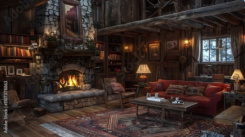 The photo showcases a rustic mountain lodge living room with a stone fireplace and vintage furniture, Photography, Country Living Style, rugged charm, warm tones, and natural finishes, photorealistic